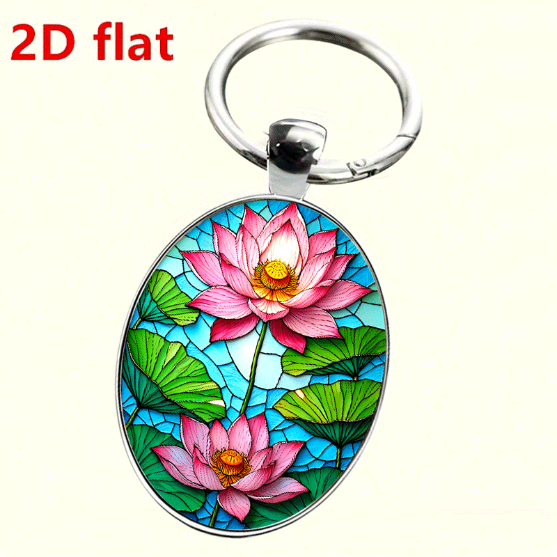 Zen-Inspired Blooming Pink Lotus & Faux Emerald Keychain